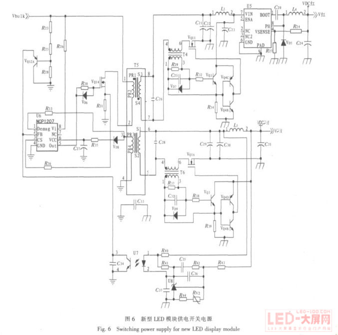 һNLED@ʾģM?f)?  src=http://www.https8x7h.com/news/2010/11/image/LED20101122-10.jpg><br></p><br>
<b>3.2 LED c(din)ģKԴԭDO(sh)Ӌ(j)</b><br>
<br>
xNCP1207[2]O(sh)Ӌ(j)LED c(din)ģK_(ki)P(gun)ԴD6 ʾ1 ԓԴVbulk ֱ늉370400 VR23R25R28Mɵķ։·ɘݔ늉ϵ늉ֵȻoNCP1207 Ķ(sh)F(xin)2_(ki)P(gun)VQ14_(ki)ͨr(sh)׃(j)@M(ch)VQ14P(gun)]r(sh)͵μ(j)@M3(j)o@MһNCP1207  һNCP1207 _ṩһ(g)˴̖(ho)4R31_(ki)P(gun)܌(do)ֵͨ5̖(ho)ɣVDC {(ln)Gݔ·@ãĶˣVDC{(ln)GLED(wn)늉ݔ׃μ(j)VDC {(ln)Gݔ늉ͬg(sh) pOܵķ֏(f)p6׃μ(j)ݔ·ͬӲͬg(sh)p˓pȻ(jng)^(gu)һ(g)ݔ{(dio)Buck ׃Q·U5 {(dio)ģݔ(wn)Č(sh)HĹ늉VDC tLED<br>
<br>
D6 ʾ(dng)ݔ늉Vbulk +370 Vɸ(j)wrO(sh)ǡ(dng)ֵ։늉ʹVQ12A (do)ͨĶP(gun)]NCP1207 ݔ}_NCP1207 ֹͣ ԴֹͣoLED c(din)ģK෴(dng)늉+370 Vr(sh)PFC ·VQ12A P(gun)NCP1207  Դ½oLED c(din)ģK<br>
<p align="center"><img alt=